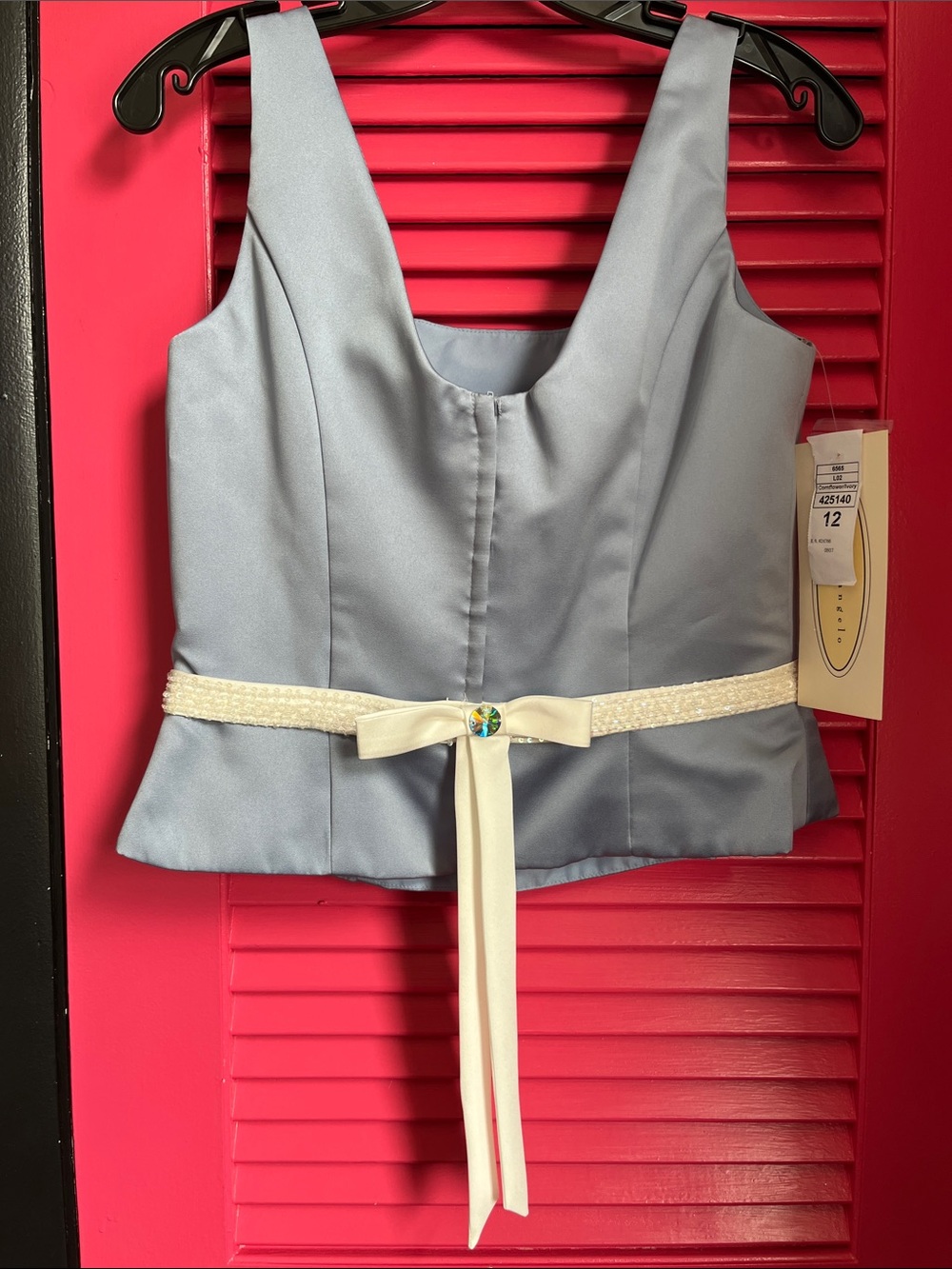 Alfred Angelo Silver-Blue Satin Sleeveless Top with Ivory Belt